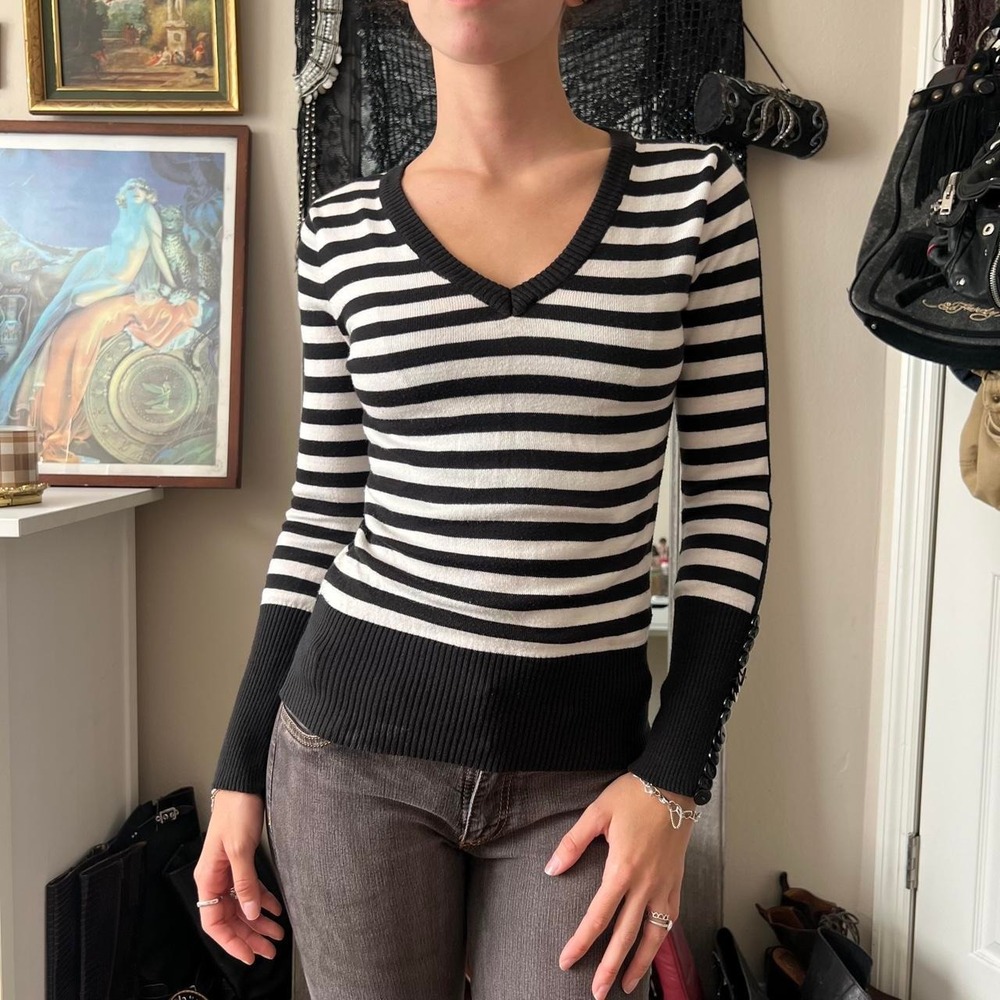 LTB by Little Big Black White Striped V-Neck Long Sleeve Top Button Sleeve Small